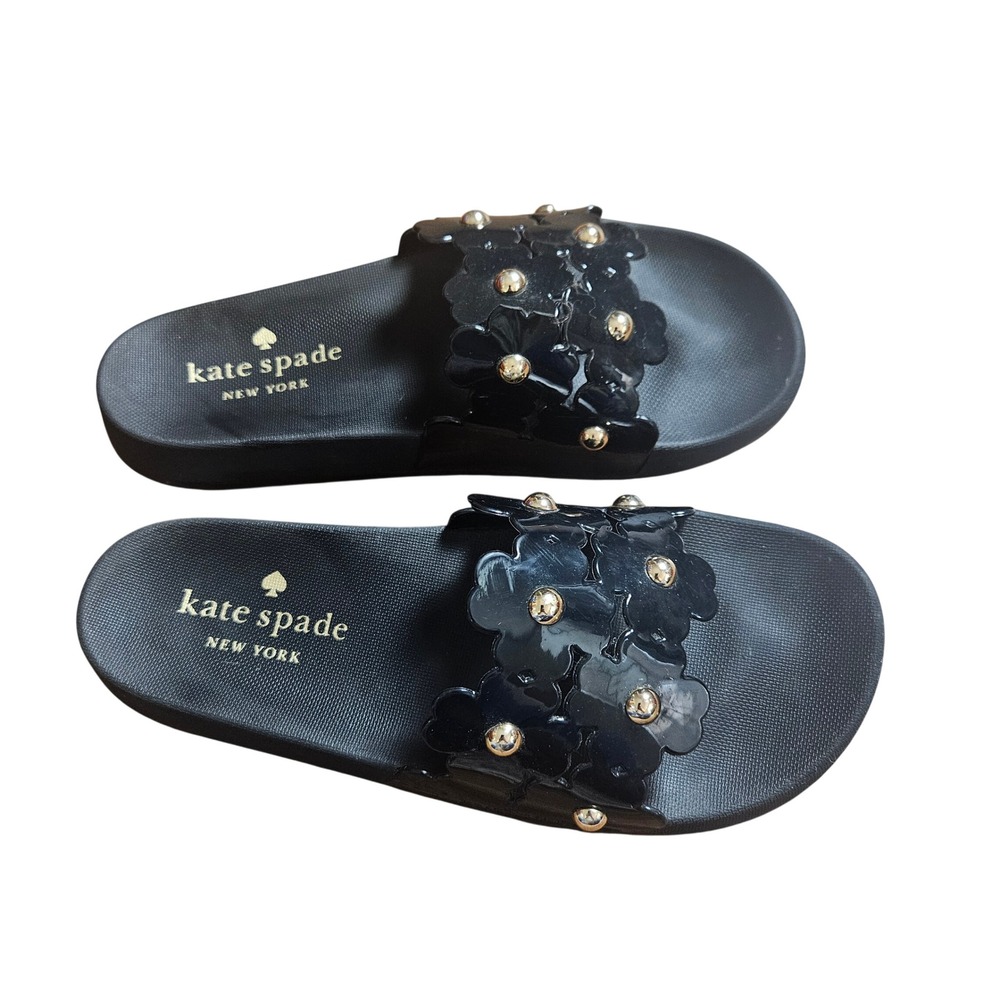 Kate‎ Spade Daisy Pool Slides Flats Floral Applique Studded 8 Monochrome Chic